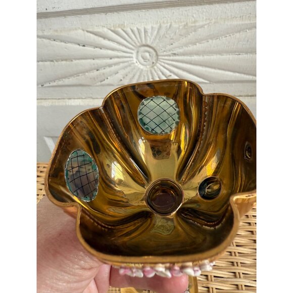 Antique 20's Tre Fuochi Czech Bohemian Gold Blue Glass Pedestal Teacup Saucer - Picture 14 of 16